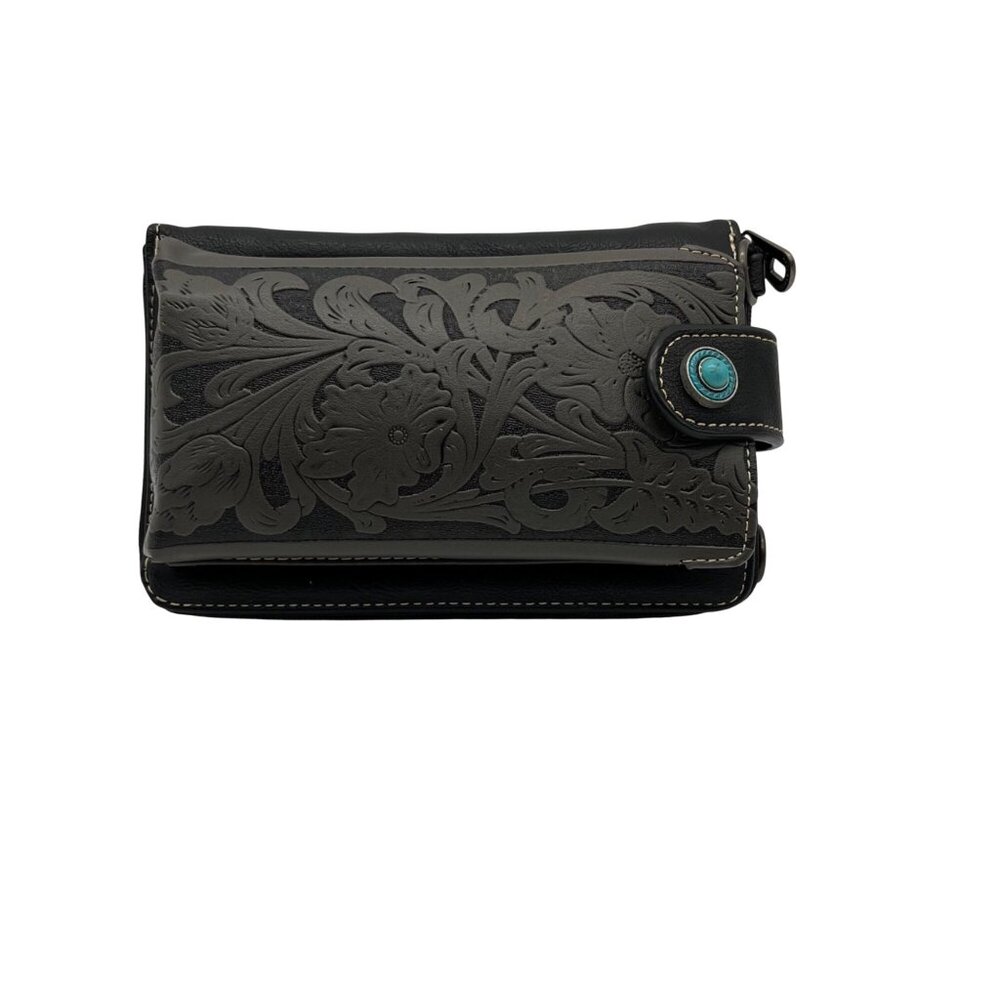 Montana West Black Leather Western Tooled Phone Case Crossbody Wallet